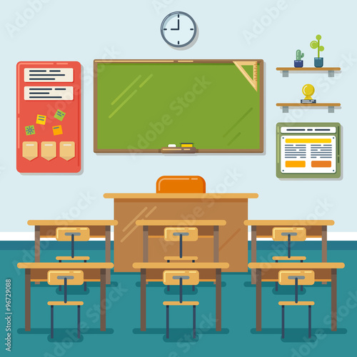 Fototapeta Naklejka Na Ścianę i Meble -  School classroom with chalkboard and desks. Vector flat illustration