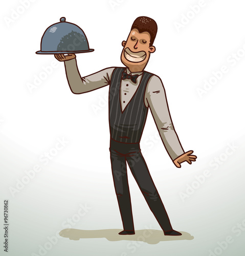 Vector Dark-haired waiter with a cloche. Cartoon image of a dark-haired waiter in black trousers, white shirt, black vest and bow tie with a gray cloche in his hand smiling on a light background.