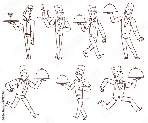 Vector Waiters set, line art. Line cartoon image of seven waiters in different clothes and with different attributes in their hands on a white background.