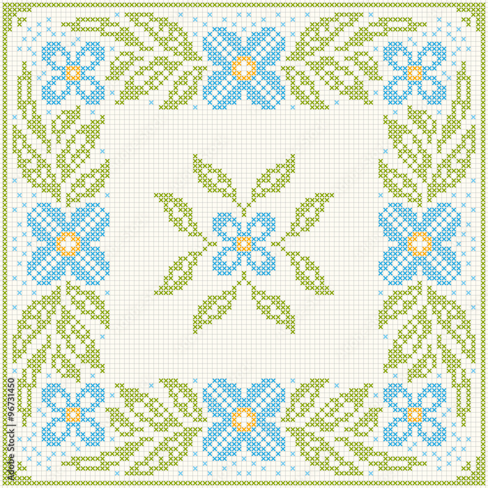 Cross-stitch embroidery - flowers and leaves