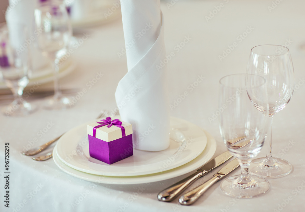 Table set for wedding or another catered event dinner. Table set for wedding or another catered event dinner.