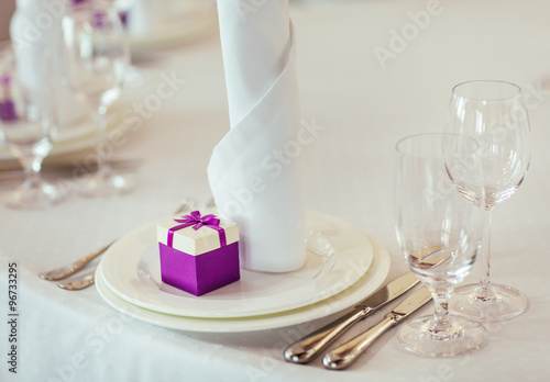 Table set for wedding or another catered event dinner.