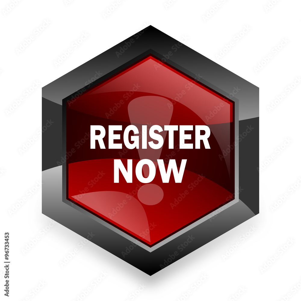 register now red hexagon 3d modern design icon on white background