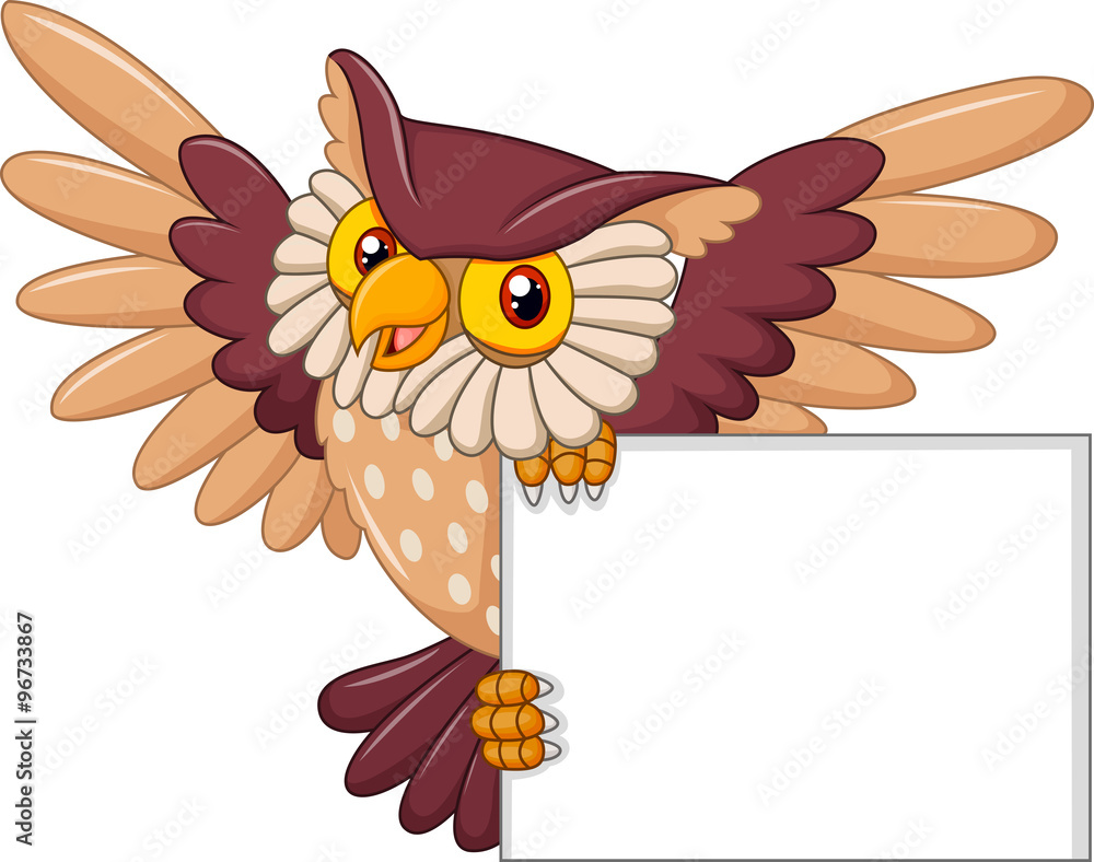 Fototapeta premium Cartoon owl bird flying holding blank sign