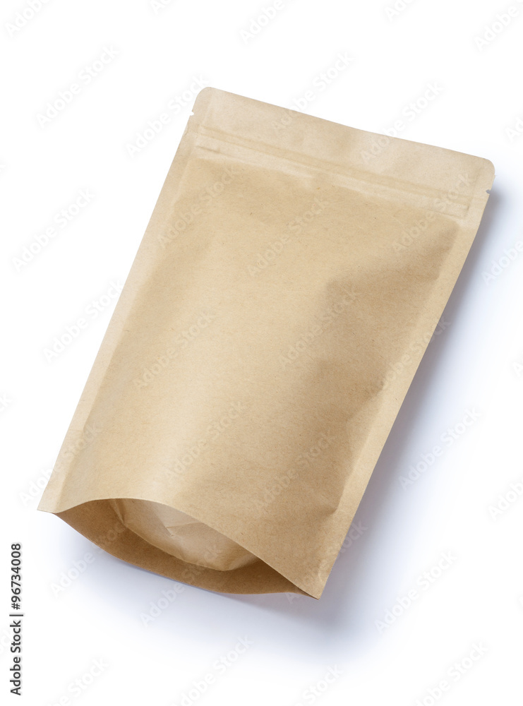 Brown paper food bag packaging with valve and seal, Isolated on white.