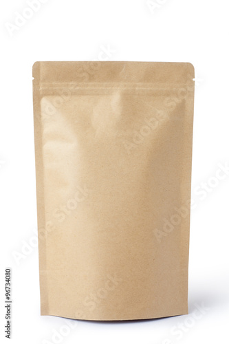 Brown paper food bag packaging with valve and seal, Isolated on white.