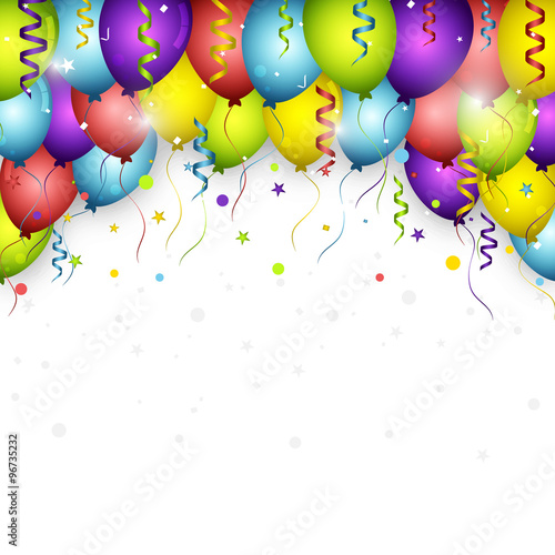 Celebration vector background with colorful confetti, balloons and ribbons. Happy Birthday greeting card.