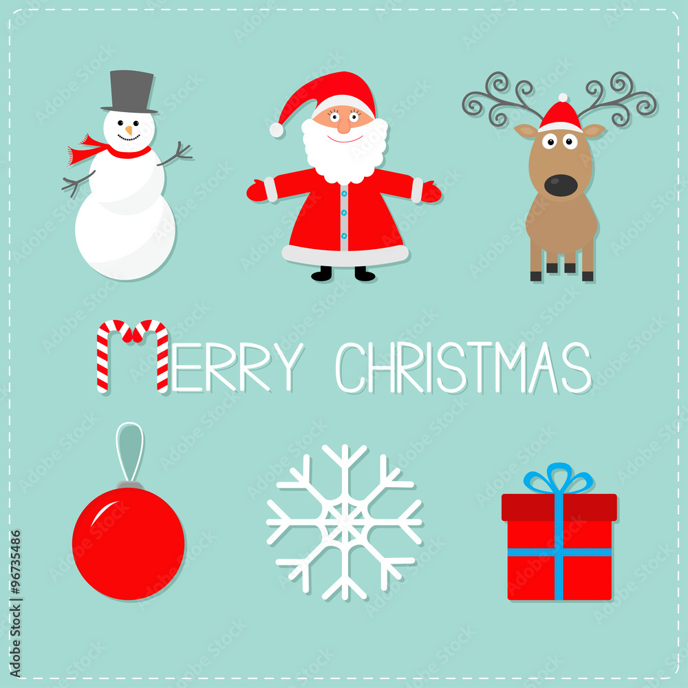 Merry Christmas set. Snowman, Santa Claus, deer, ball snowflake, giftbox. Candy cane. Blue background. Greeting card. Flat design Merry Christmas set. Snowman, Santa Claus, deer, ball snowflake, giftbox. Candy cane. Blue background. Greeting card. Flat design