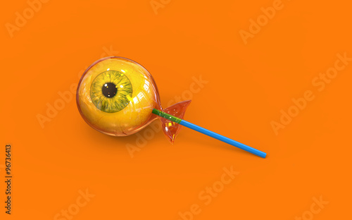 Eye ball halloween candy on orange background, 3d