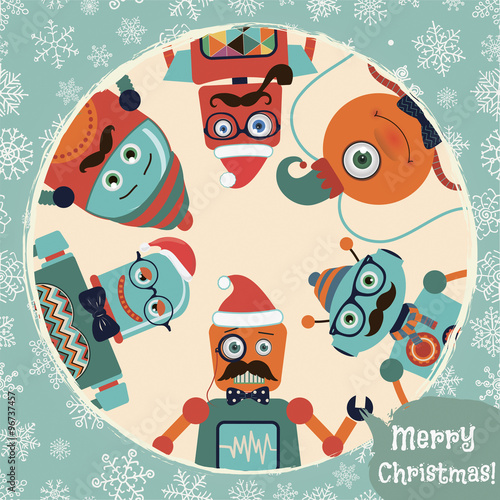 Vector Hipster Retro Robots Christmas Card Illustration