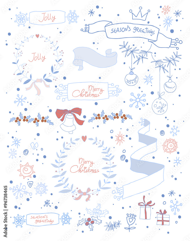 Set of Christmas and decorative elements. Vector illustration. Hand Drawn graphic elements.