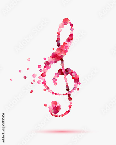 treble clef of rose petals. Romantic music symbol