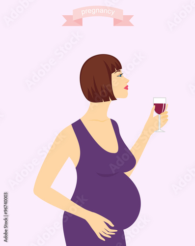 Cartoon vector illustration of young pregnant woman drinking alcohol