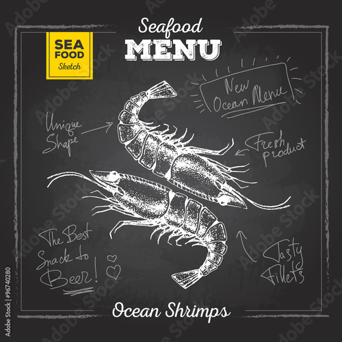 Chalk drawing sketch set of seafood. Shrimps illustration