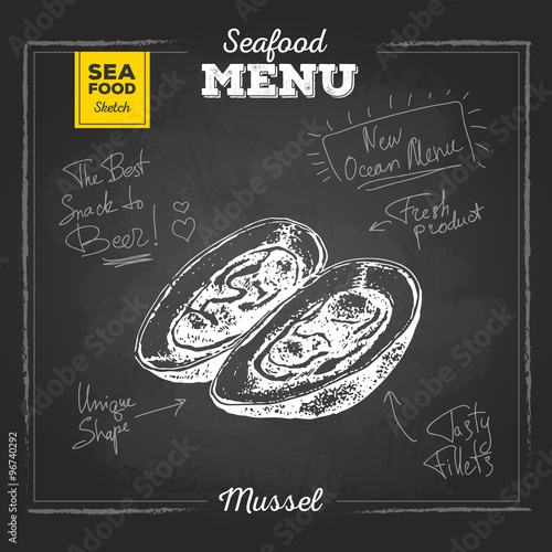 Chalk drawing sketch set of seafood. Mussel illustration