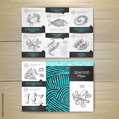 Vintage chalk drawing seafood menu design. Corporate identity