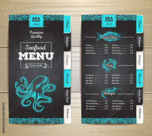 Vintage chalk drawing seafood menu design. Corporate identity