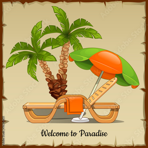 Minimalist card with chaise longue and palm tree