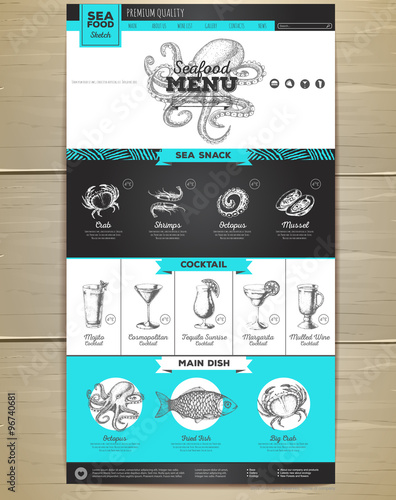 Seafood menu concept Web site design. Corporate identity.