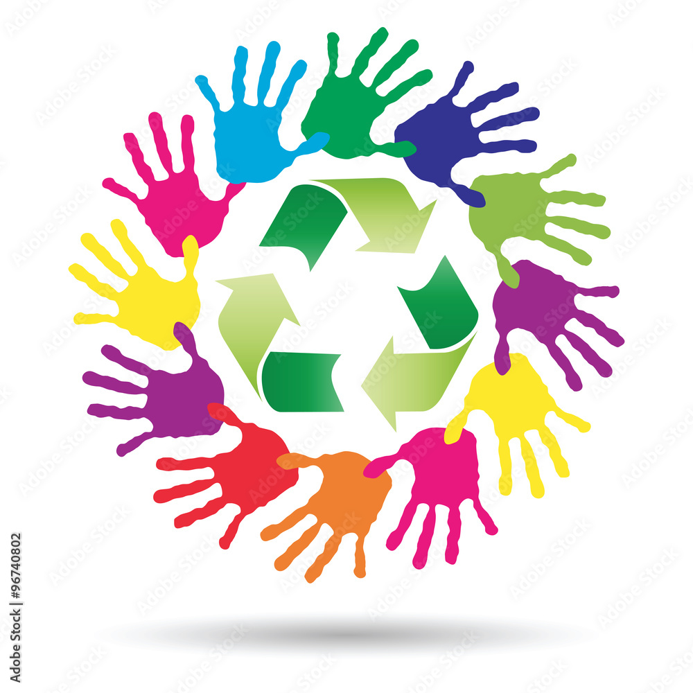 Fototapeta premium Concept circle of hands, green recycle symbol