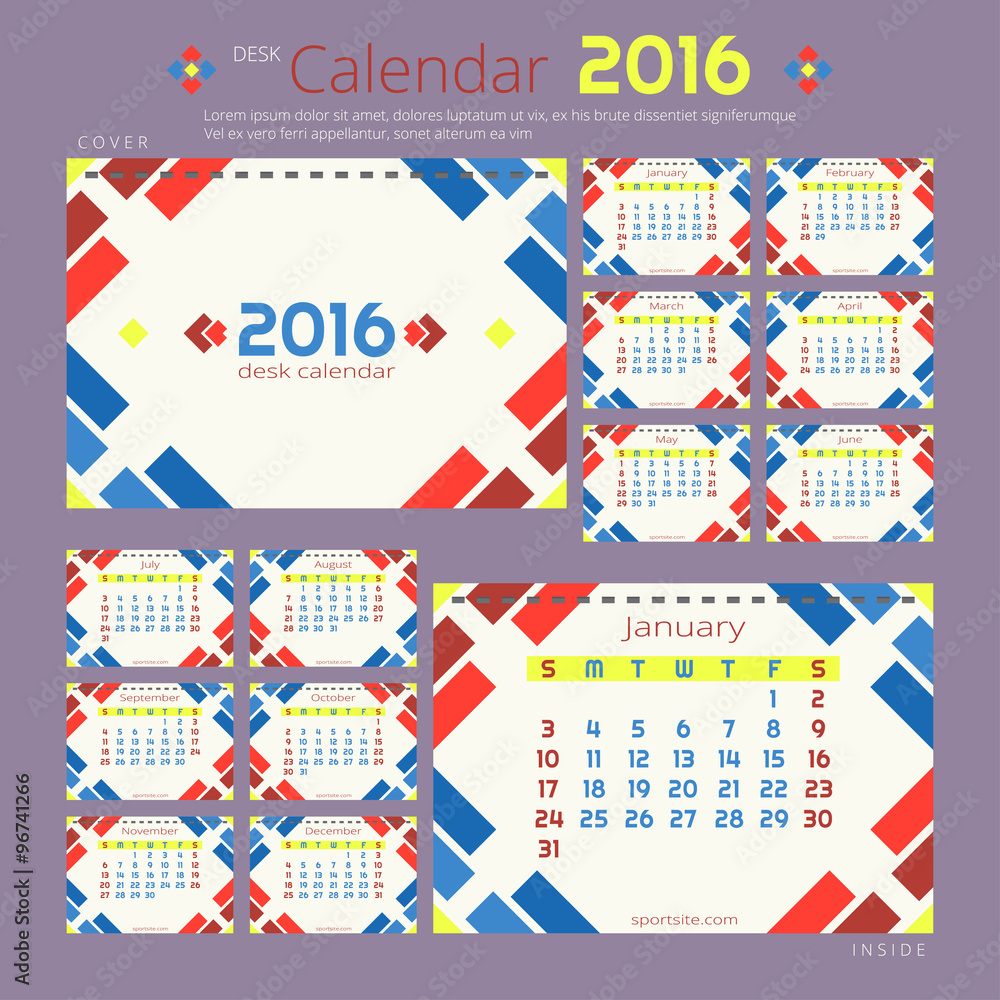 Fototapeta premium Desk calendar 2016 year. Colorful vector template for 12 months.