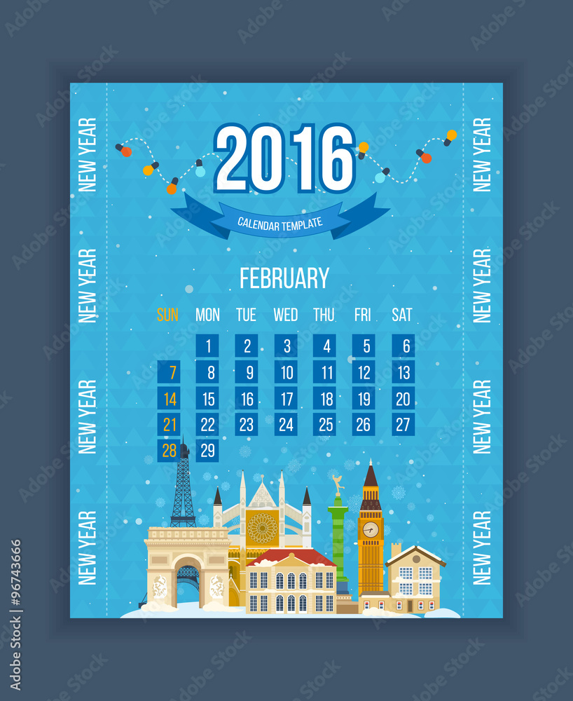 Calendar 2016, january month.  English, Sunday start. 