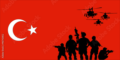 turkish soldier with helicopters on the turkish flag background