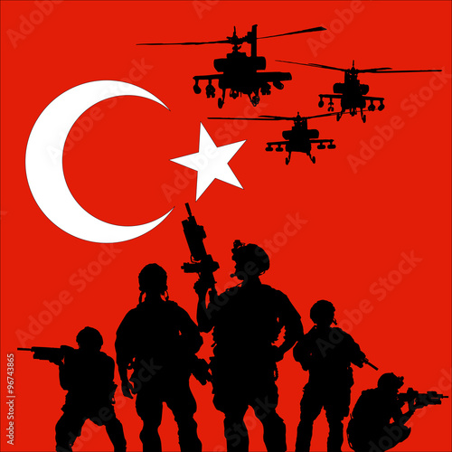turkish soldier with helicopters on the turkish flag background