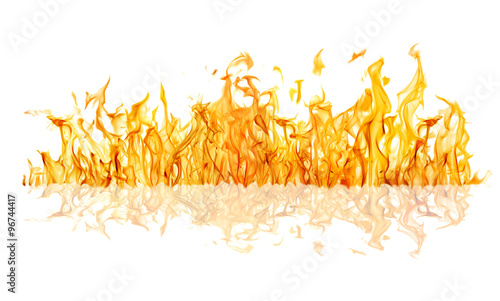 yellow fire long strip with reflection isolated on white
