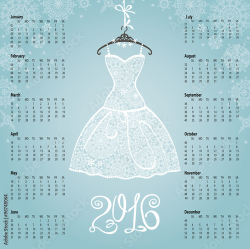 Calendar 2016 year.White dress,snowflakes