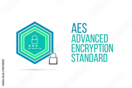AES Advanced Encryption Standard concept image with pentagon shield and lock illustration and icon inside
