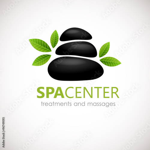 Black Spa Stones with white frangipani flowers logo design. Can be used for spa, yoga, massage center,wellness, beauty salon and medicine company