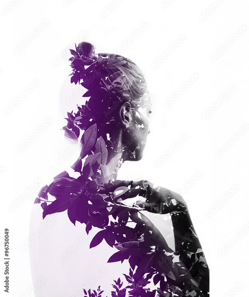 Fototapeta premium Double exposure portrait of attractive girl with branches of tree