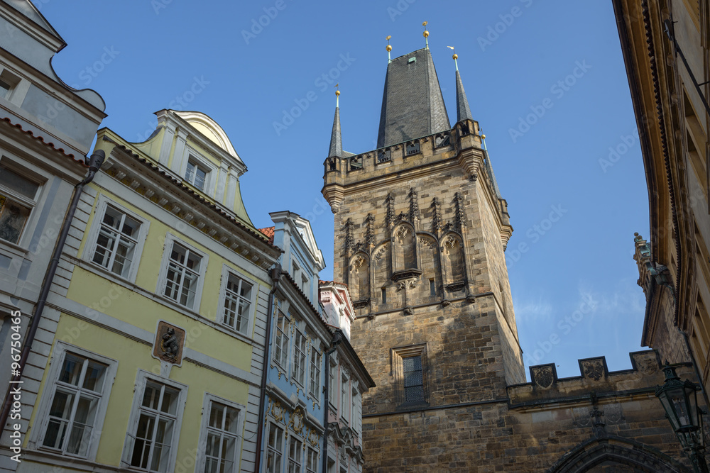 Tower of Charles Bridge on Lesser Town side in Prague.