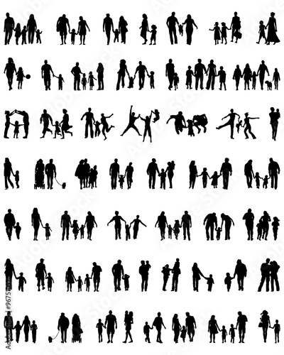 Black silhouettes of families in walk, vector