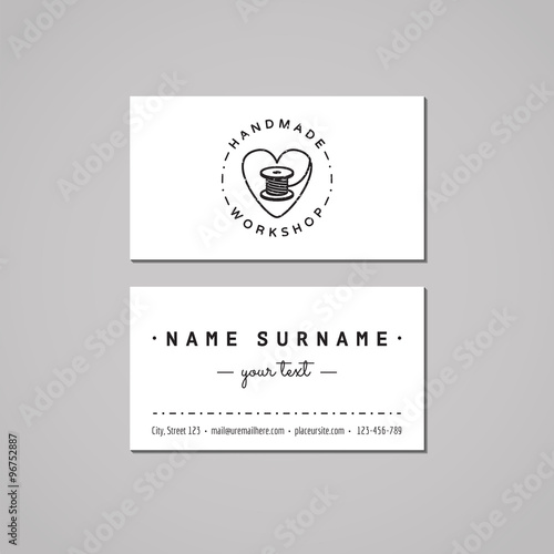 Handmade workshop business card design concept. Handmade workshop logo with heart and thread spool. Vintage, hipster and retro style. Black and white.