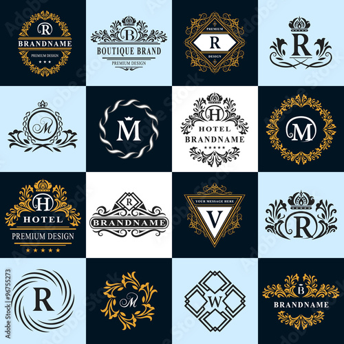 Monogram design elements, graceful template. Calligraphic elegant line art logo design. Letter emblem sign R, B, M, H, V, W for Royalty, business card, Boutique, Hotel, Heraldic. Vector illustration