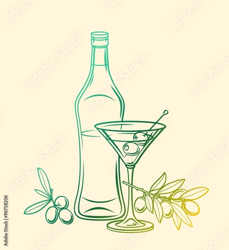 Dry martini with olives and bottle