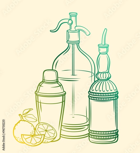 Siphon with soda, bottle with syrup, citruses and shaker