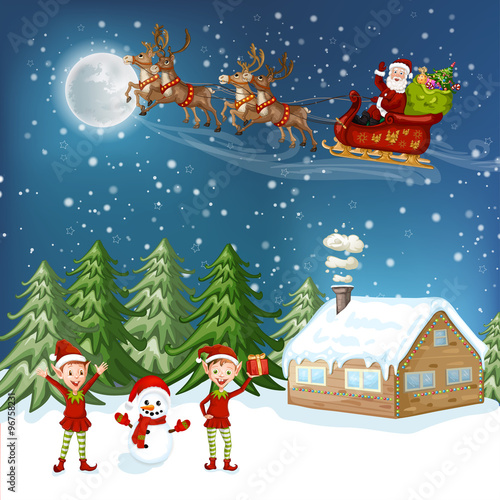 Merry Christmas Card. Illustration with Christmas house, Christmas tree ,Santa Claus and snowman