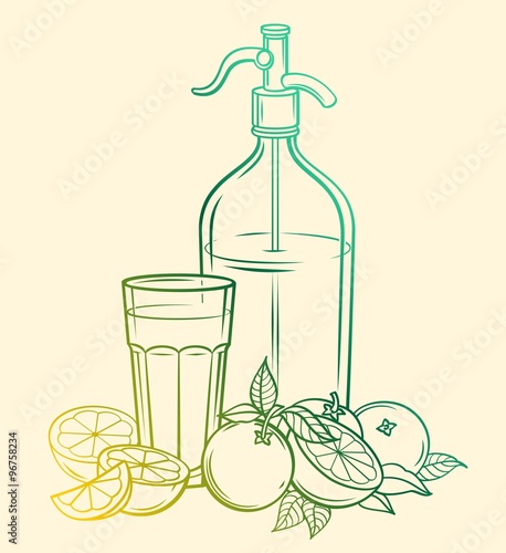 Siphon with soda, citruses and glass with limonade