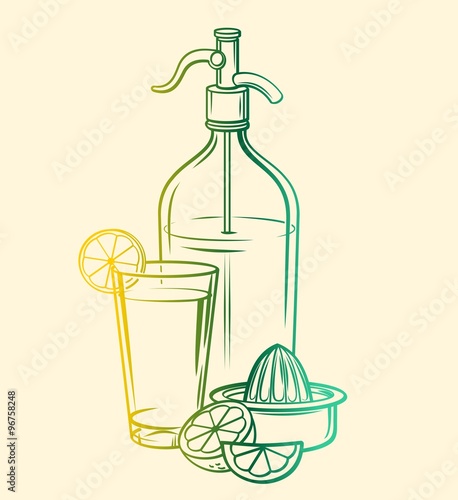 Siphon with soda, citruses and glass with limonade