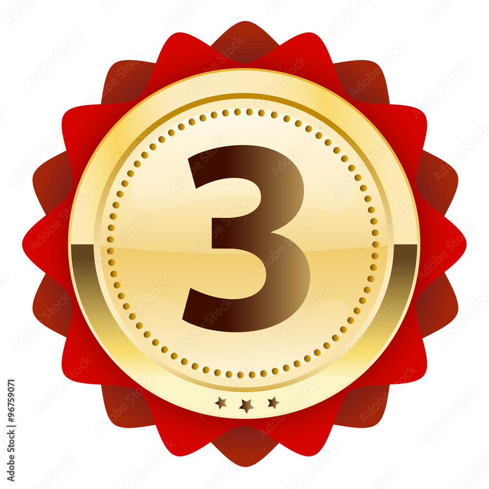 Third place seal or icon. Glossy golden seal or button with red color. Third place seal or icon. Glossy golden seal or button with red color.