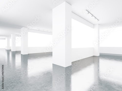Blank screens in museum interior. 3d render