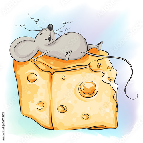 Funny cartoon mouse lies with the cheese