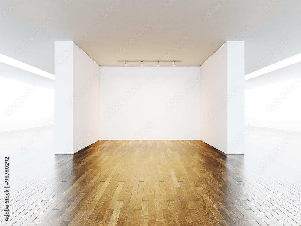 Fototapeta premium Empty space for exhibit, lamp on the wall background, wooden floor. 3d render