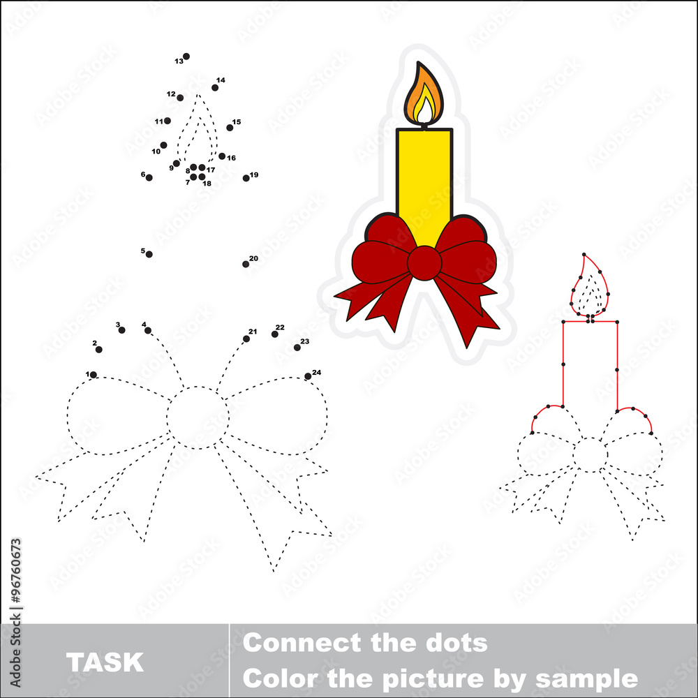 Xmas candle with bow to be traced. Vector numbers game. Xmas candle with bow to be traced. Vector numbers game.