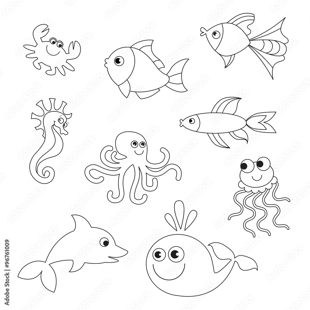Fototapeta premium Underwater animals collection to be colored.