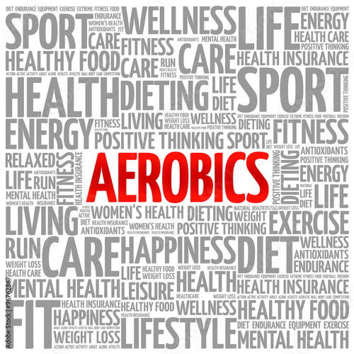 Aerobics word cloud background, health concept