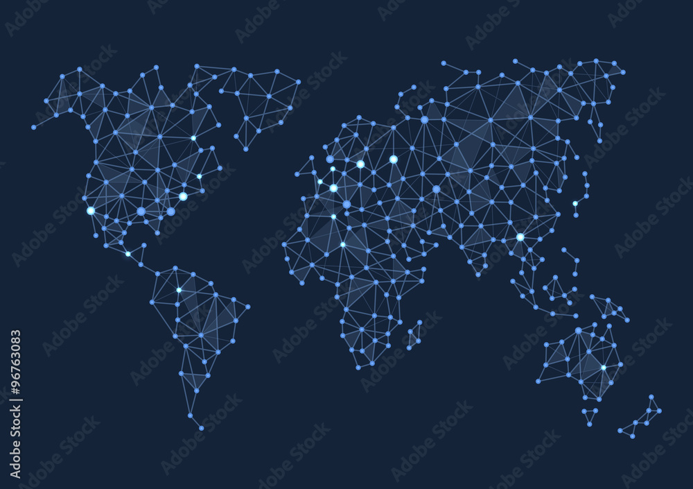 Triangle Polygonal Glossy Style World Map on Dark Background. Vector